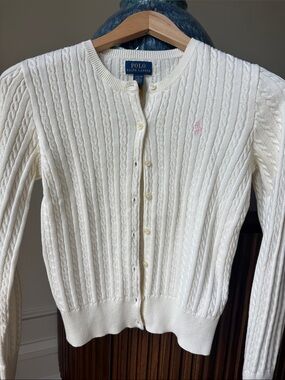 Polo by Ralph Lauren Cream Cable-Knit Cardigan with Pink Pony Embroidery